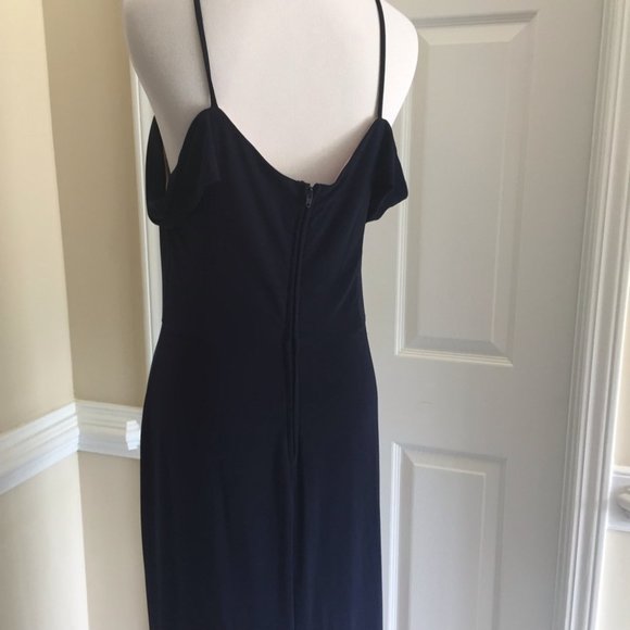 Dark Navy Off the Shoulder Side Slit Formal Dress - Picture 13 of 13